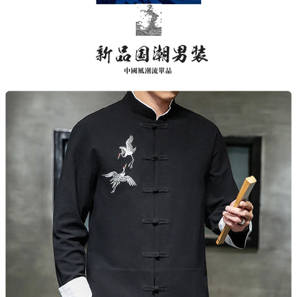 Camicie con ricamo gru Abbigliamento tradizionale cinese vintage Mezza manica da uomo in lino Solido colletto Madarin Cardigan Hanfu Kungfu