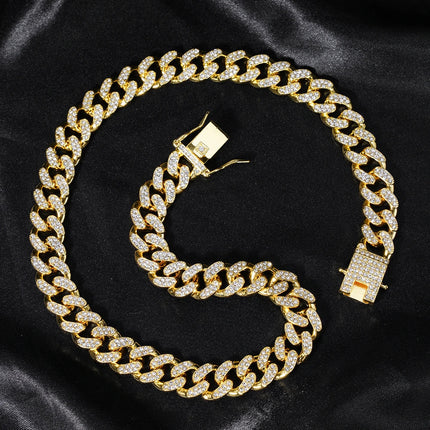 Hip Hop Men Women 14MM Prong Cuban Link Chain Necklace Bling Iced Out Tennis Chain Rhinestone Paved Miami Cuban Necklace Jewelry PlatiNum