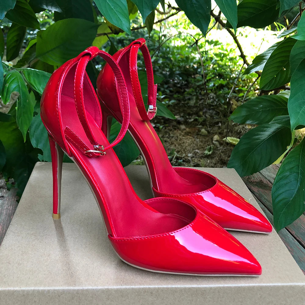 Tikicup Black Patent Pointed-Toe Stiletto Pumps Ankle Strap Elegant High Heel Dress Shoes for Women Evening Events, Office