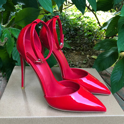 Tikicup Black Patent Pointed-Toe Stiletto Pumps Ankle Strap Elegant High Heel Dress Shoes for Women Evening Events, Office