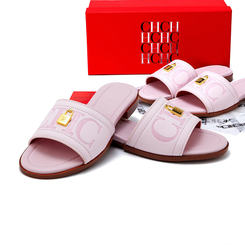 Fashion Pink Flat Sandals Gold Metal Decor Brand Lettering Comfort Footbed Summer Casual Wear Gift Set