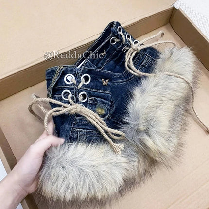 REDDACHiC Gyaru Y2k Low Rise Jean Shorts Trendy Butterfly Rivets Hollow Lace-Up Furry Cuffs Denim Shorts Retro Hot Women Bottoms PlatiNum