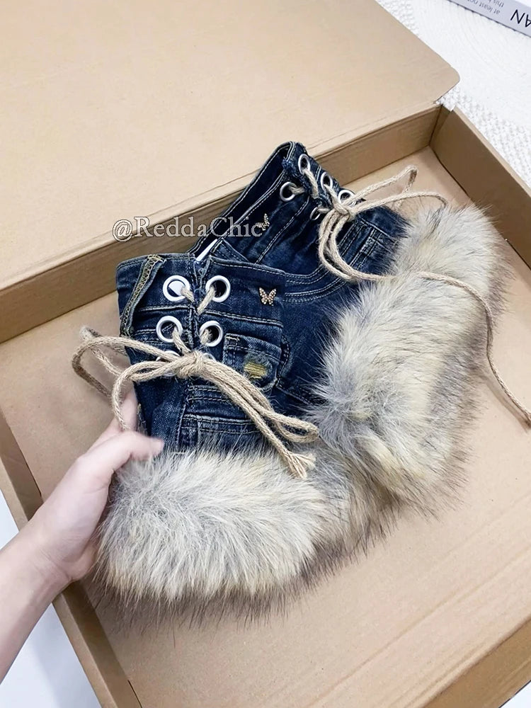 REDDACHiC Gyaru Y2k Low Rise Jean Shorts Trendy Butterfly Rivets Hollow Lace-Up Furry Cuffs Denim Shorts Retro Hot Women Bottoms PlatiNum