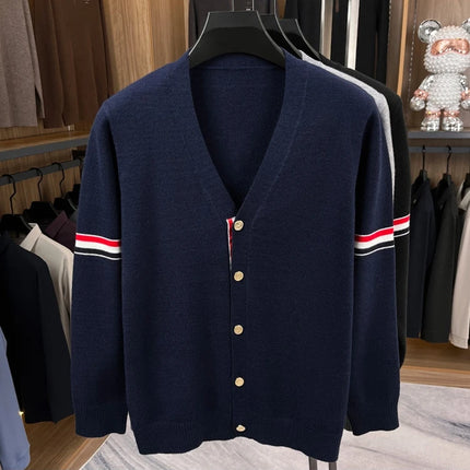 High End Brand Knitted Cardigan Men's Autumn Trend Color Blocked Striped Designer New shawl Korean Casual V-Neck sweater Coat