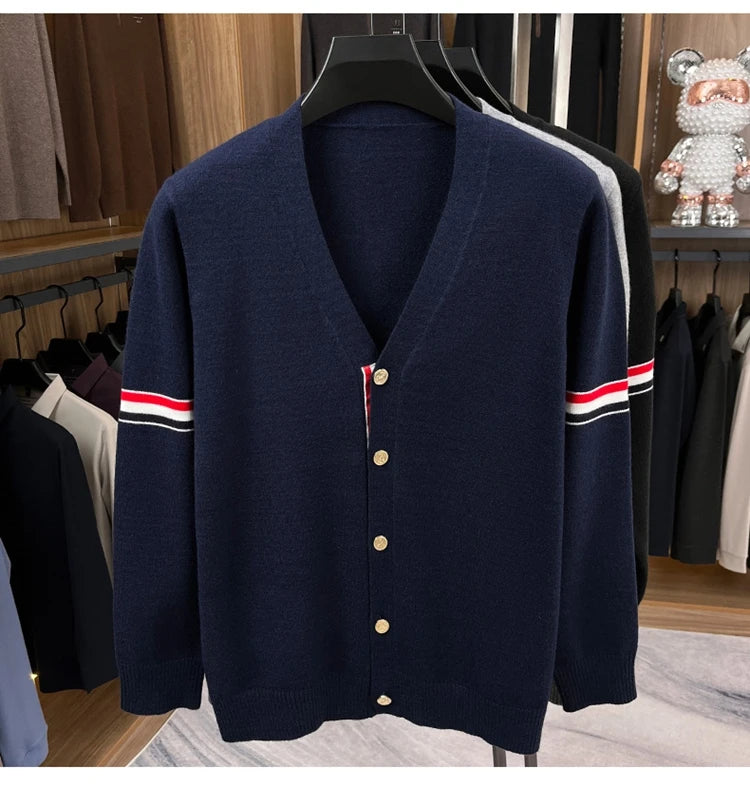 High End Brand Knitted Cardigan Men's Autumn Trend Color Blocked Striped Designer New shawl Korean Casual V-Neck sweater Coat