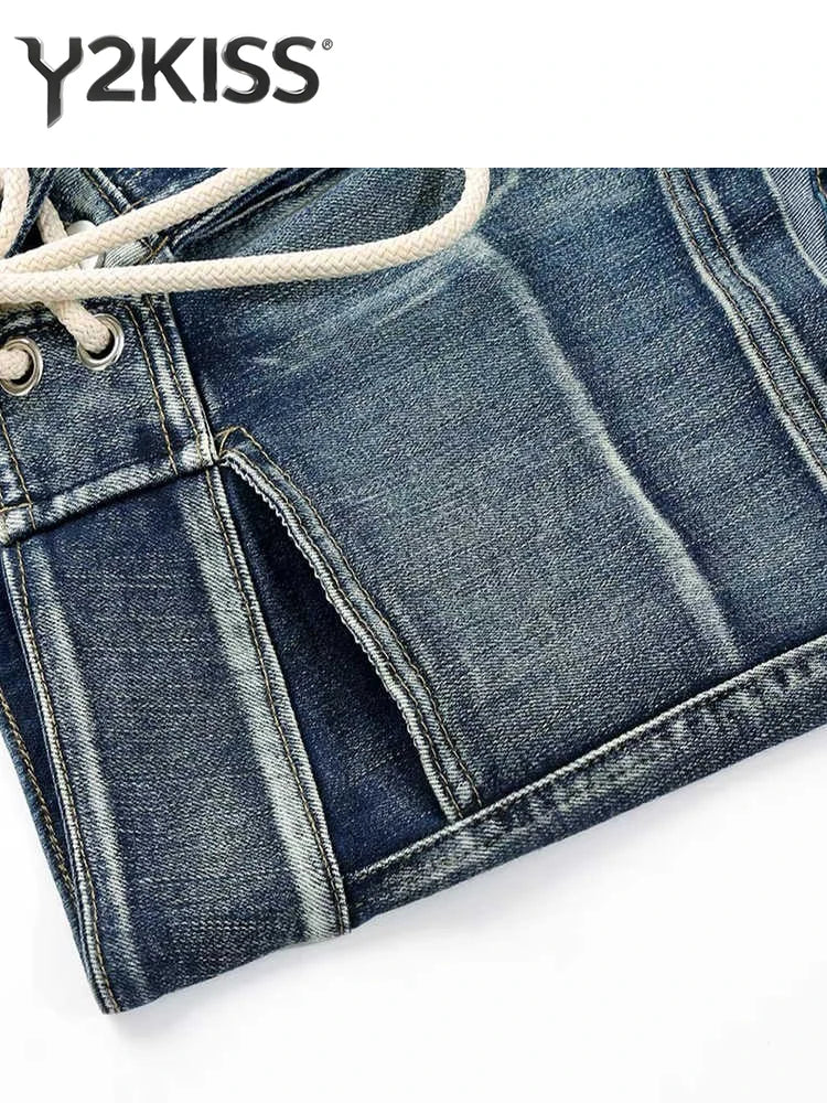 Summer Women Kpop Jean Shorts Abi Y2K 2000s Lace Up Denim Hot Pants Grunge Gyaru Japanese American Retro Cyber Punk Harajuku New PlatiNum