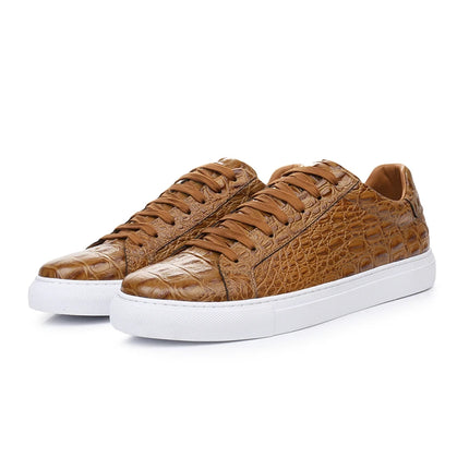 Leather Sneakers Men Calfskin Alligator Pattern Casual Shoes Lace Up Flats Daily Footwear