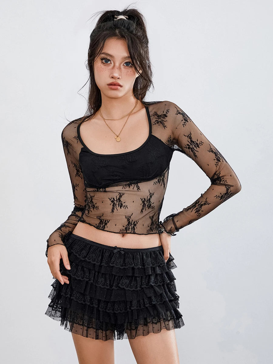 Women Mesh Lace Bloomer Shorts Y2k Layered Ruffle Frilly Booty Shorts Fairy Bowknot Sexy Boy Shorts Panties Party Clubwear