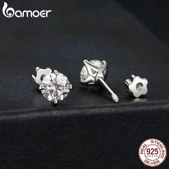 BAMOER Classic Moissanite Earrings, 925 Silver Brilliant 4 Prongs Round Cut Lab Created Diamond Wedding Engagement Earrings PlatiNum