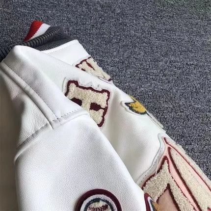 Men's Spring Autumn baseball uniform Retro Trend Men Leather Jacket heavy industry Embroidery white short Coat ins hot sale