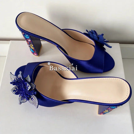 Sandali con tacco alto da donna estivi in seta blu con strass colorati e decorazioni a nodo a farfalla in cristallo per ragazze