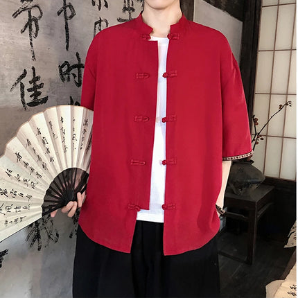 Camicie retrò da uomo, estive, eleganti, larghe, casual, leggere, sottili, traspiranti, in stile cinese, vintage, con calligrafia tradizionale.