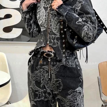 Donne Nero Gotico Drago Stampa Jeans Baggy Vintage Estetica Pantaloni Da Cowboy Harajuku Pantaloni In Denim Y2k Trashy 2000s Vestiti 2024