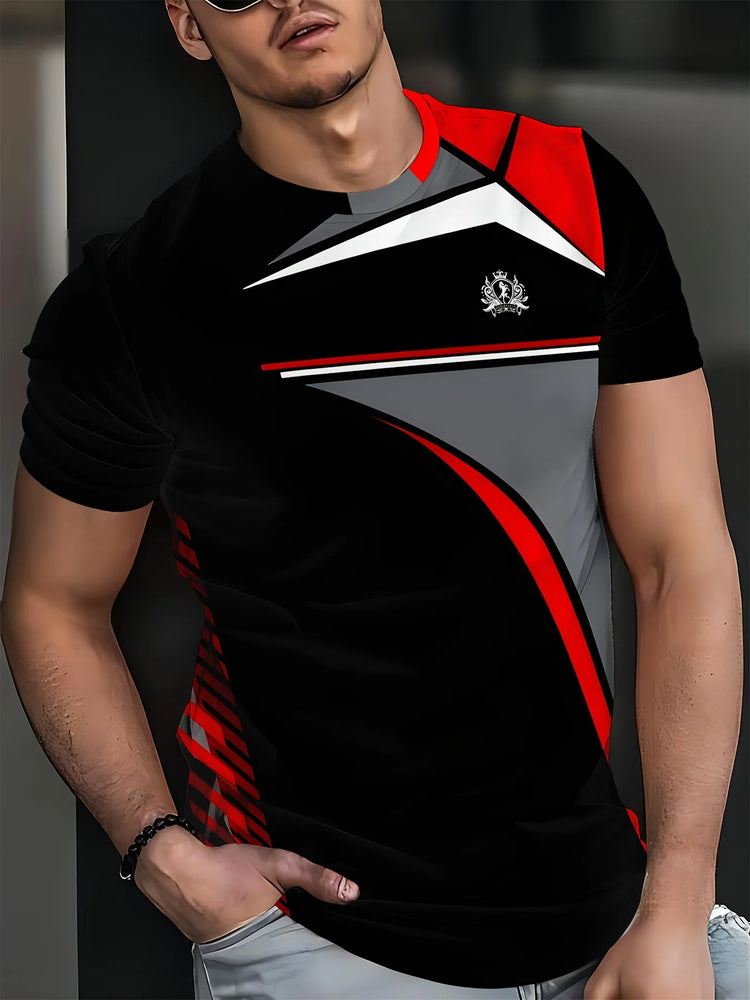 T-shirt da uomo stampata in 3D, tessuto lavorato a maglia in poliestere, girocollo, vestibilità regolare, maglietta sportiva con fantasia traspirante, top fitness casual estivo