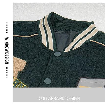 Men's Casual Varsity Jacket Motorcycle Bomber Coat Vintage Letterman Baseball Streetwear Outerwear with Faux Leather Sleeves