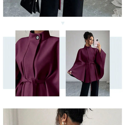 Wool Coat Women Autumn Winter Woolen Jacket Batwing Sleeve Button Lace Up Blends Turtleneck Overcoat Office Lady Outerwear
