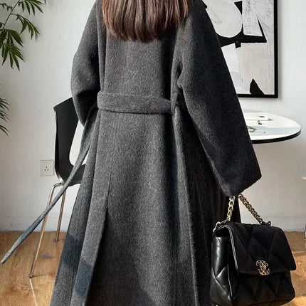 Korean Fashion Dark Gray Stand Collar 100%Wool Coat Women Long Winter Jacket