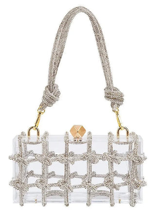 Classic 2025 Acrylic Box Bag with Woven Diamond Rope Handheld Evening Women's Bag Transparent Dinner Handbag European Style PlatiNum