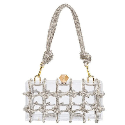 Classic 2025 Acrylic Box Bag with Woven Diamond Rope Handheld Evening Women's Bag Transparent Dinner Handbag European Style PlatiNum