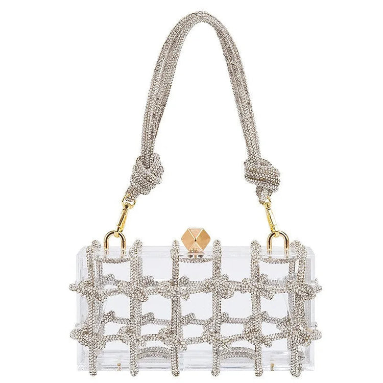 Classic 2025 Acrylic Box Bag with Woven Diamond Rope Handheld Evening Women's Bag Transparent Dinner Handbag European Style PlatiNum