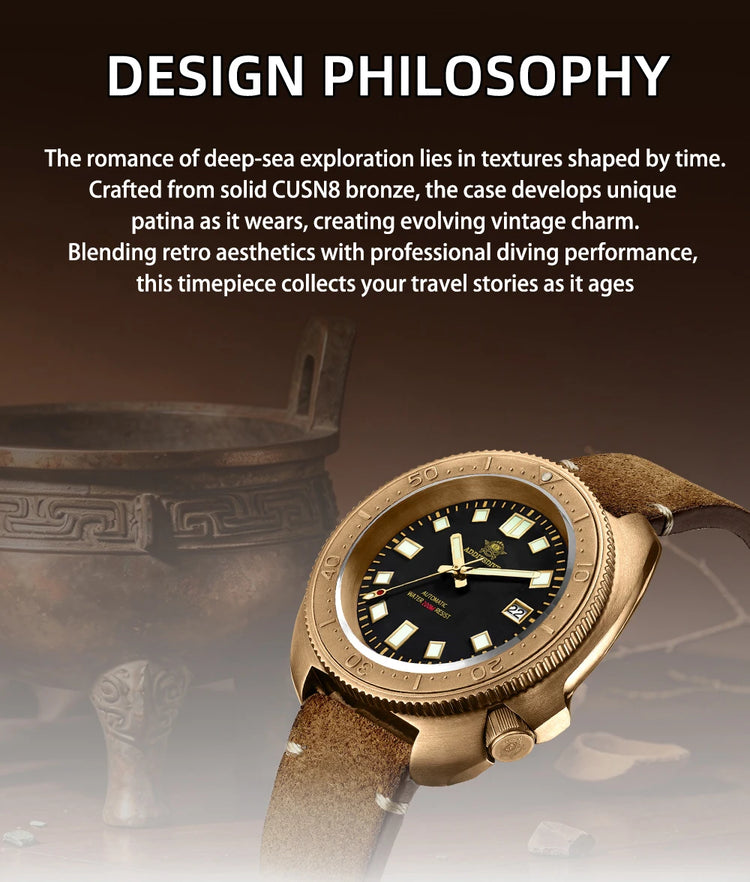 ADDIESDIVE CUSN8 Bronze Watch Men Automatic Wristwatch Calendar Sapphire Glass Luminous 20Bar Waterproof Diving Mechanical Watch