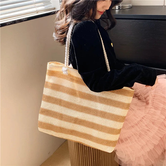 Women's Straw Shoulder Bag Color Contrast Beach Bag Large Capacity Simple Crossbody Bag Women's Summer Daily Bag