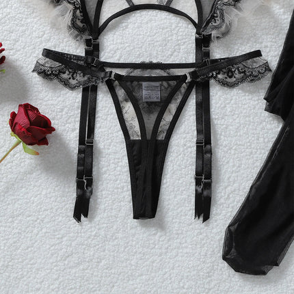 Tornova Erotic Underwear Fashionable See-through Veil with Floral Embroidery Slim-fitting Sexy Hot Underwear Split Five-pieceset