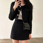 Women Tweed 2 Two Piece Sets Long Sleeve Pearl Buttons Short Jacket and A-line Mini Skirt Set Fall Winter Women Outfits