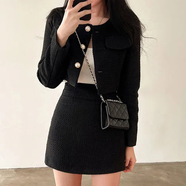 Women Tweed 2 Two Piece Sets Long Sleeve Pearl Buttons Short Jacket and A-line Mini Skirt Set Fall Winter Women Outfits