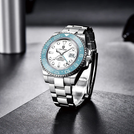 TOP PAGANI DESIGN PD1662 GMT Orologio meccanico automatico da uomo Cinturino in acciaio inossidabile Anello in ceramica blu Quadrante bianco Resistente all'acqua fino a 100 m Orologi da polso sportivi da uomo luminosi per uom