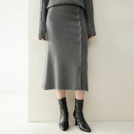 Women 100% Cashmere Skirts Office Lady Autumn Winter Knitted High Waist A-Skirt Graceful Long Warm front-open skirt with buttons PlatiNum