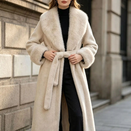 Women's Winter Trench Coat with Large Lapels, Faux Fox Fur Long Coat, Over-the-Knee Jacket