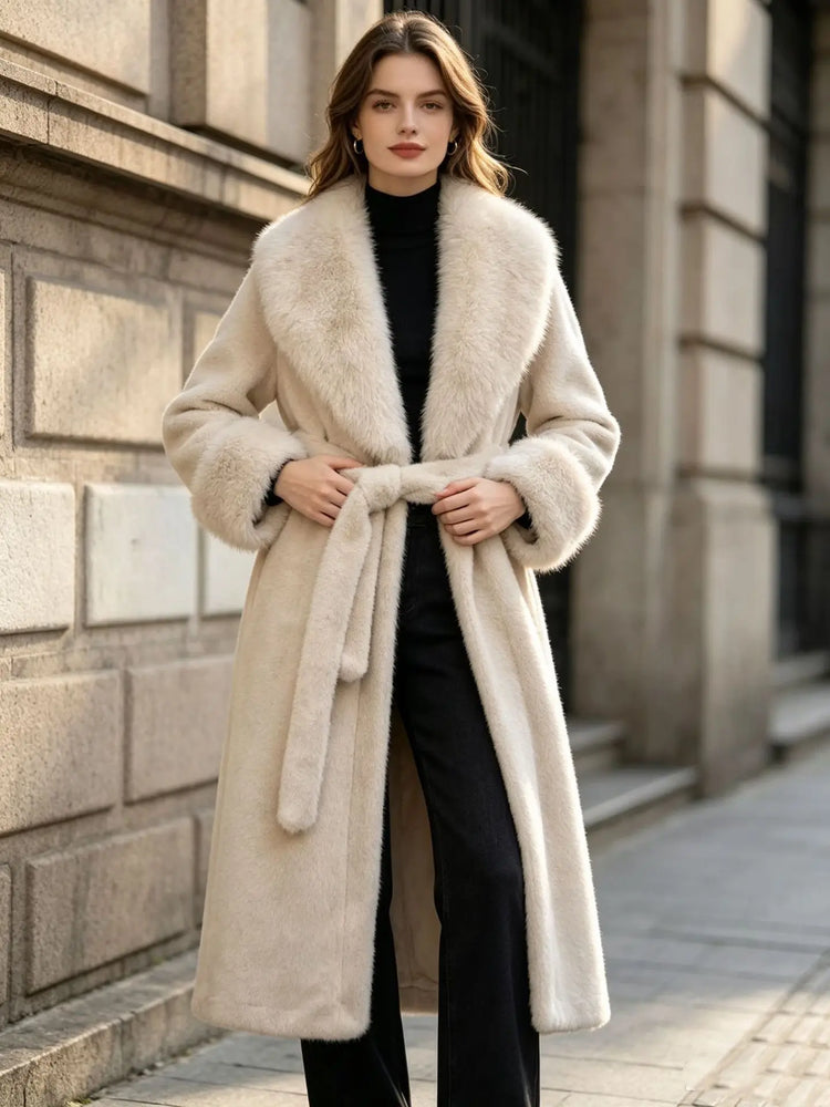 Women's Winter Trench Coat with Large Lapels, Faux Fox Fur Long Coat, Over-the-Knee Jacket
