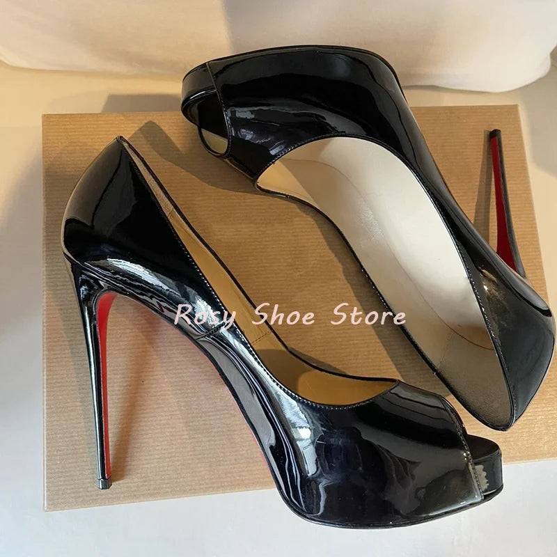 Super Waterproof Platform Patent Leather Women's Pumps Sexy Peep Toe Slip On Stiletto Sandals Model Show Dress Shoes Party Shoes