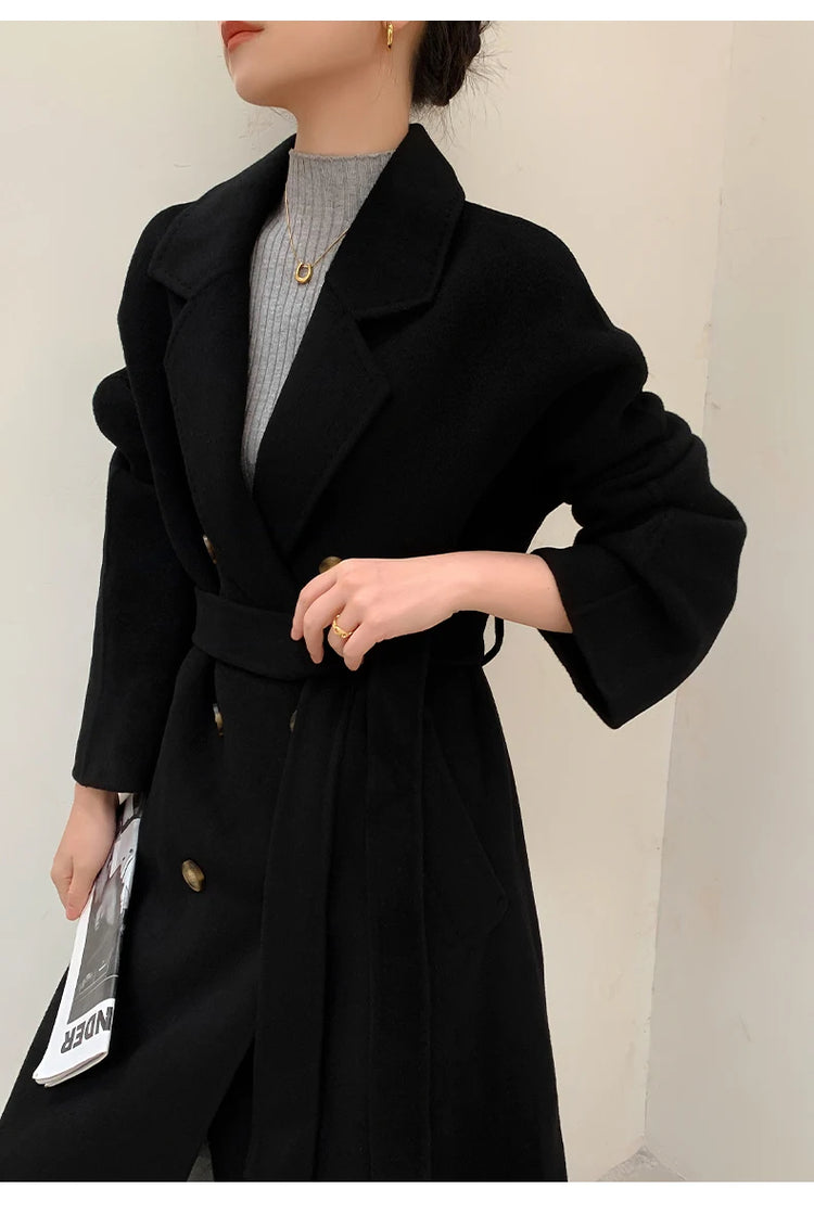 Ladies' 100% Cashmere Thick Double-Sided Extended Coat, Classic, Versatile and Fashionable for Business and Leisure