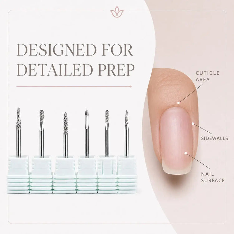 6PCS Tungsten Carbide Nail Drill Bit Set for Cuticle Prep, Professional Manicure Bits for Sidewalls, Dead Skin and Nail Surface Cleaning, with Individual Storage Bases, Salon Nail Art Tools