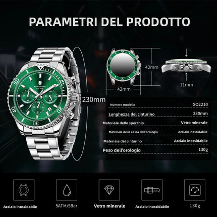 SAPPHERO Orologio Uomo Quarzo Lusso Cronografo Sport Acciaio Inossidabile Impermeabile 50M Data Luminoso Orologio Elegante Business