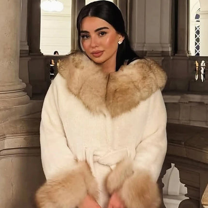 Cotton Lined Furry Fur Collar Belts Jacket Women Fashion Long Sleeve Thicken Warm Female Coat 2025 Winter Street Casual Outwear