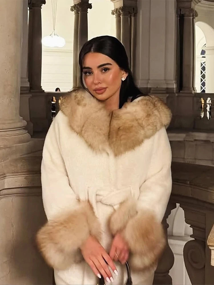 Cotton Lined Furry Fur Collar Belts Jacket Women Fashion Long Sleeve Thicken Warm Female Coat 2025 Winter Street Casual Outwear