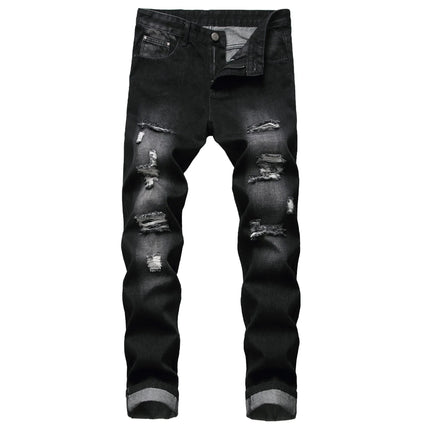 Casual Men's Light Blue Denim Jeans Ripped Straight Leg Slim Fit Non-Elastic Torn Casual Style Chinese Production PlatiNum