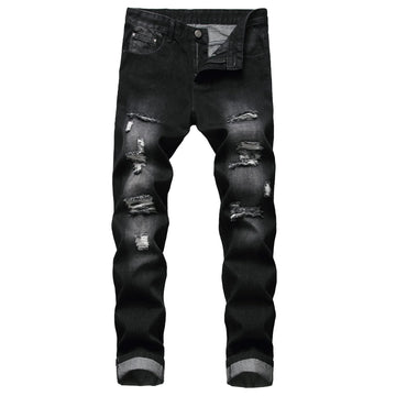 Casual Men's Light Blue Denim Jeans Ripped Straight Leg Slim Fit Non-Elastic Torn Casual Style Chinese Production PlatiNum