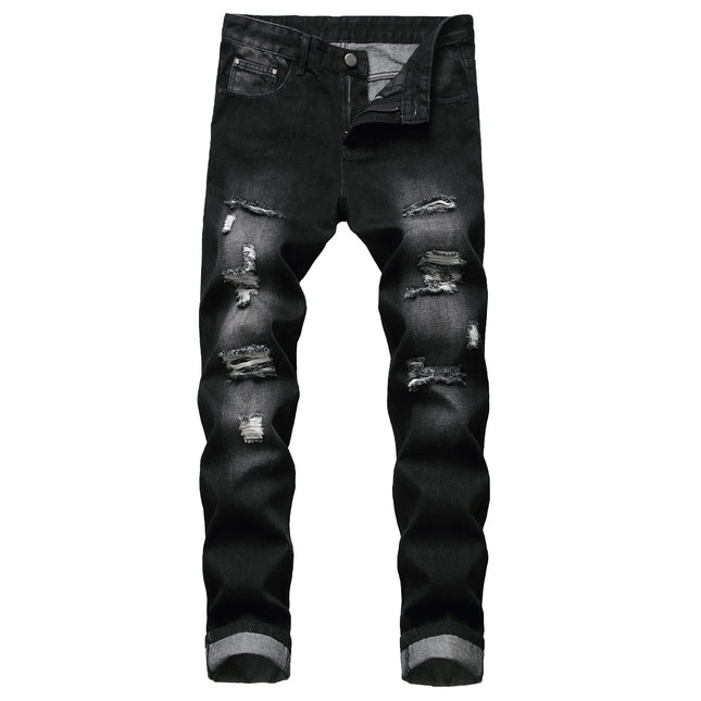 Casual Men's Light Blue Denim Jeans Ripped Straight Leg Slim Fit Non-Elastic Torn Casual Style Chinese Production PlatiNum