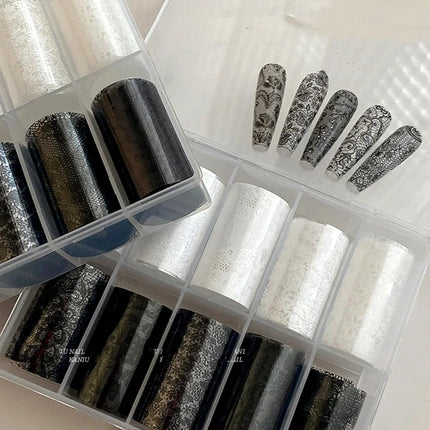 10 Rolls 4x50CM Black White Lace Transfer Nail Sticker Sexy Flower Lace Nail Art Transfer Foils Paper for DIY Manicure Decals*@# 2028