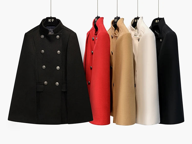 French Elegant Retro Hepburn Style Stand Collar Double-breasted Loose Temperament Commuter Woolen Jacket Cape Cloak Women Autumn