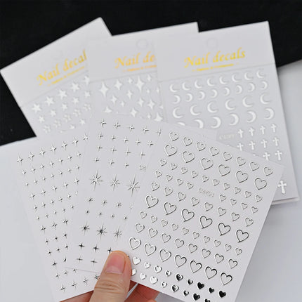 6Sheets Metallic Silver 3D Nail Art Stickers Self‑Adhesive Decals Star Chain Heart Pattern for DIY Manicure Nail Decor Accessories