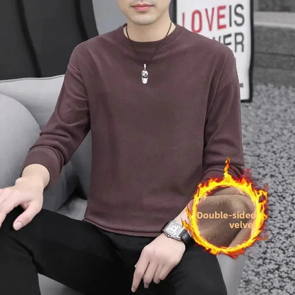 Thickened Double-sided Velvet Long Sleeve T-shirt Men's Underwear Solid Color Fleece-lined Heavyweight Crew Neck Base Shirt PlatiNum