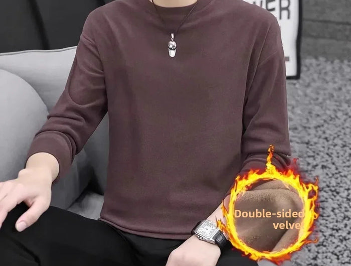 Thickened Double-sided Velvet Long Sleeve T-shirt Men's Underwear Solid Color Fleece-lined Heavyweight Crew Neck Base Shirt PlatiNum