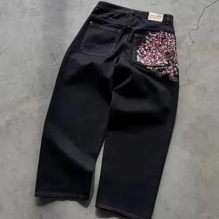 Casual suit retro low waist hip hop cherry blossom embroidered jeans wide leg pants y2k clothing mens embroidered loose jeans PlatiNum
