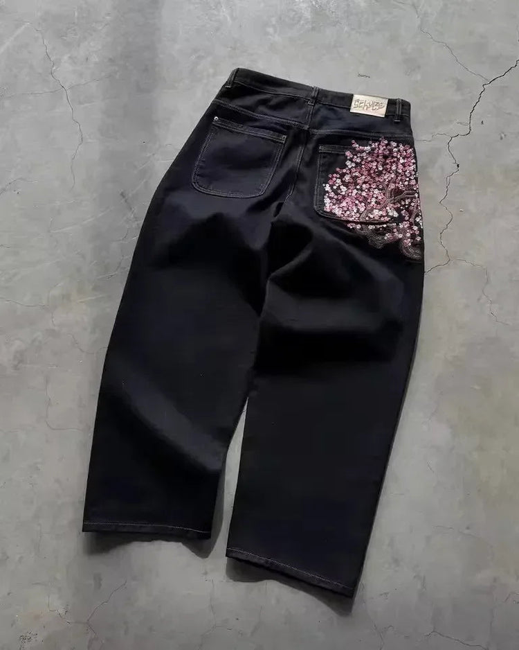 Casual suit retro low waist hip hop cherry blossom embroidered jeans wide leg pants y2k clothing mens embroidered loose jeans PlatiNum