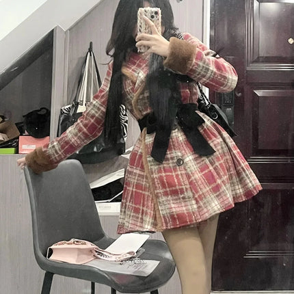 Women's Double Breasted Plaid Coat, Woolen Jacket , V-Neck, Loose Tops, Female Clothes, Sweet, New, Autumn, Winter